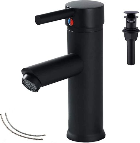 Black Bathroom Faucet GGStudy Single Handle 1 Hole Bathroom Sink Faucet Stainless Steel Bathroom Vanity Faucet Matching Pop Up Drain with Overflow Washingroom Faucet in Saudi Arabia