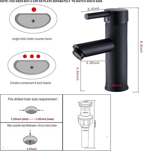 صنبور الحمام الأسود GGStudy مقبض واحد 1 حفرة بالوعة الحمام صنبور الفولاذ المقاوم للصدأ الحمام الغرور صنبور مطابقة المنبثقة استنزاف مع تجاوز صنبور الحمام in Kuwait