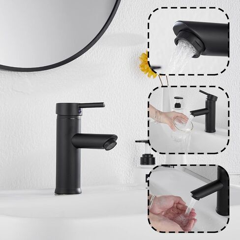 صنبور الحمام الأسود GGStudy مقبض واحد 1 حفرة بالوعة الحمام صنبور الفولاذ المقاوم للصدأ الحمام الغرور صنبور مطابقة المنبثقة استنزاف مع تجاوز صنبور الحمام in Kuwait