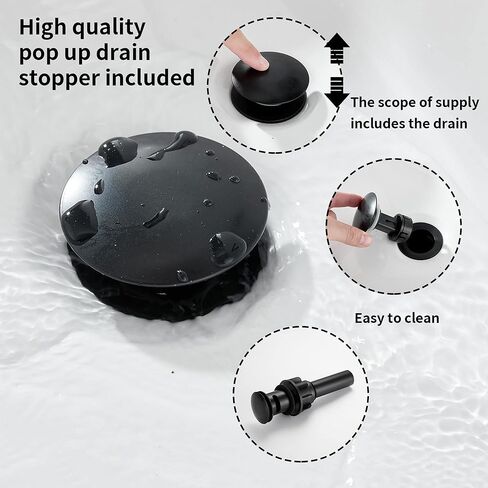 صنبور الحمام الأسود GGStudy مقبض واحد 1 حفرة بالوعة الحمام صنبور الفولاذ المقاوم للصدأ الحمام الغرور صنبور مطابقة المنبثقة استنزاف مع تجاوز صنبور الحمام in Kuwait