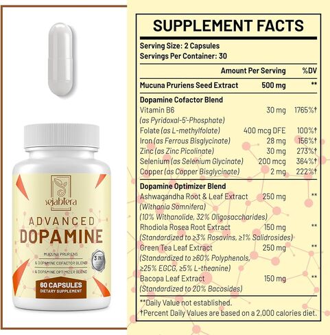 Dopamine Supplement-Mucuna Pruriens Seed Extract,Premium Vitamins, Minerals, and Natural Plant Extracts for Mental Drive, Clarity, Focus-60 Capsules in Saudi Arabia