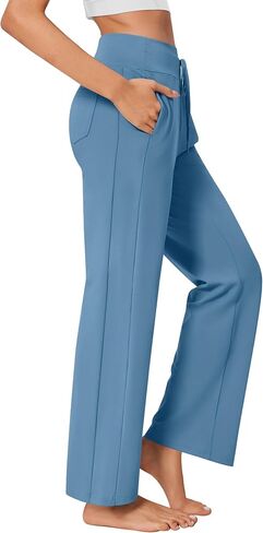 PINSPARK Wide Leg Yoga Pants Women High Waisted Workout Pants UPF 50+ Drawstring Sweatpants with 4 Pockets Deep Blue PL in Saudi Arabia