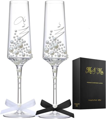 Mr and Mrs Wedding Champagne Flutes with Long Stem,Bride and Groom Toasting Glass Set of 2, Bridal Shower Gift Unique for Wedding, Anniversary, Wifey Gifts, Engagement Gifts for Couples in Saudi Arabia