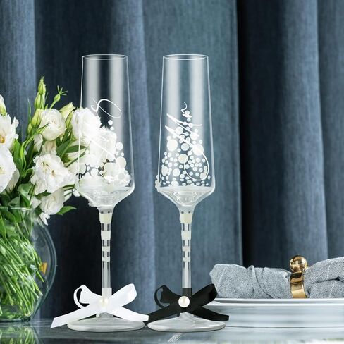 Mr and Mrs Wedding Champagne Flutes with Long Stem,Bride and Groom Toasting Glass Set of 2, Bridal Shower Gift Unique for Wedding, Anniversary, Wifey Gifts, Engagement Gifts for Couples in Saudi Arabia