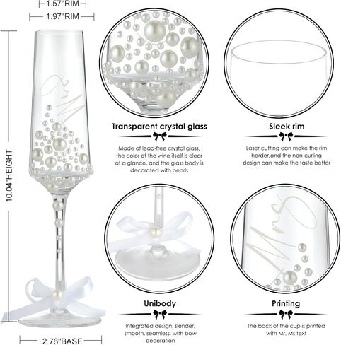 Mr and Mrs Wedding Champagne Flutes with Long Stem,Bride and Groom Toasting Glass Set of 2, Bridal Shower Gift Unique for Wedding, Anniversary, Wifey Gifts, Engagement Gifts for Couples in Saudi Arabia