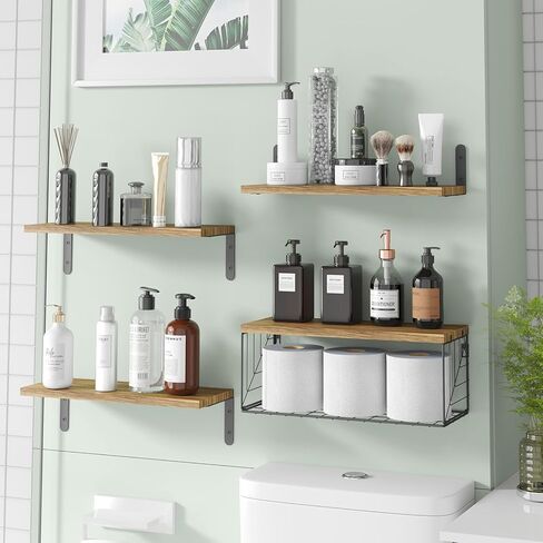 أرفف حمام Fixwal 4+1 فوق المرحاض، رف حائط من الخشب الريفي، أرفف عائمة مع سلة تخزين سلكية، ديكور جدار المزرعة لغرفة النوم والمطبخ وغرفة المعيشة والنباتات (بني ريفي) in Kuwait