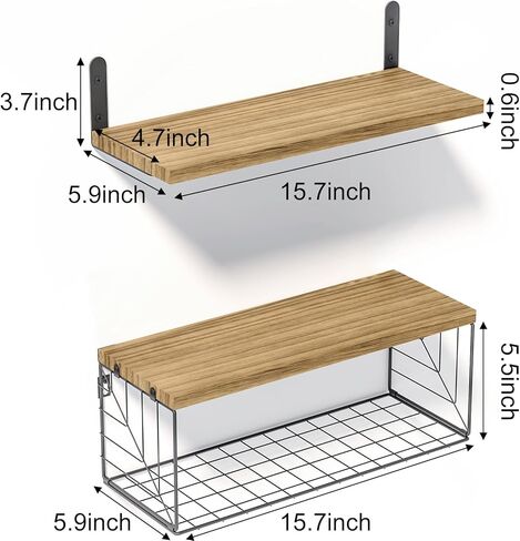 أرفف حمام Fixwal 4+1 فوق المرحاض، رف حائط من الخشب الريفي، أرفف عائمة مع سلة تخزين سلكية، ديكور جدار المزرعة لغرفة النوم والمطبخ وغرفة المعيشة والنباتات (بني ريفي) in Kuwait