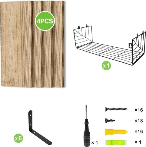 أرفف حمام Fixwal 4+1 فوق المرحاض، رف حائط من الخشب الريفي، أرفف عائمة مع سلة تخزين سلكية، ديكور جدار المزرعة لغرفة النوم والمطبخ وغرفة المعيشة والنباتات (بني ريفي) in Kuwait