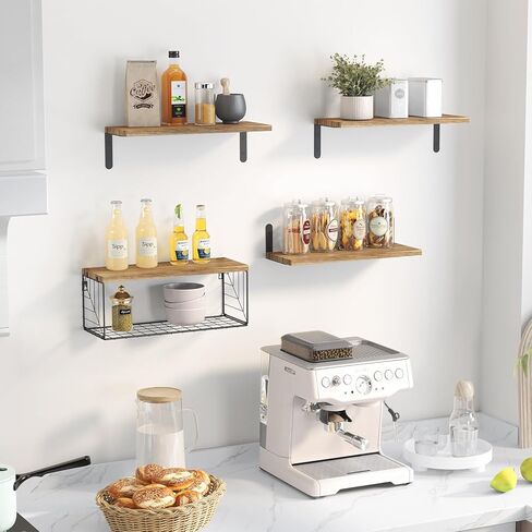 أرفف حمام Fixwal 4+1 فوق المرحاض، رف حائط من الخشب الريفي، أرفف عائمة مع سلة تخزين سلكية، ديكور جدار المزرعة لغرفة النوم والمطبخ وغرفة المعيشة والنباتات (بني ريفي) in Kuwait