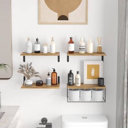 أرفف حمام Fixwal 4+1 فوق المرحاض، رف حائط من الخشب الريفي، أرفف عائمة مع سلة تخزين سلكية، ديكور جدار المزرعة لغرفة النوم والمطبخ وغرفة المعيشة والنباتات (بني ريفي) in Kuwait
