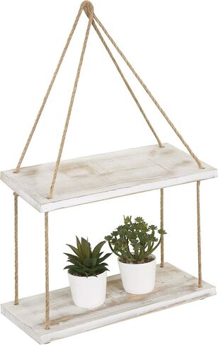 MyGift Shabby Chic Whitewashed Wood 2 Tier Floating Shelves Bathroom Shelf with Hanging Rope, Decorative Swing Display Shelf for Kitchen, Bedroom and Living Room in Saudi Arabia