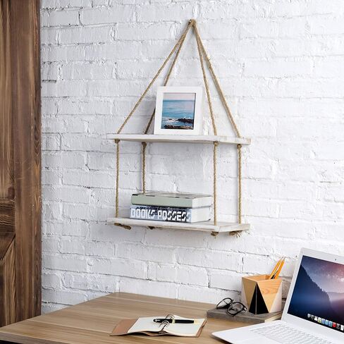 MyGift Shabby Chic Whitewashed Wood 2 Tier Floating Shelves Bathroom Shelf with Hanging Rope, Decorative Swing Display Shelf for Kitchen, Bedroom and Living Room in Saudi Arabia