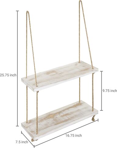 MyGift Shabby Chic Whitewashed Wood 2 Tier Floating Shelves Bathroom Shelf with Hanging Rope, Decorative Swing Display Shelf for Kitchen, Bedroom and Living Room in Saudi Arabia