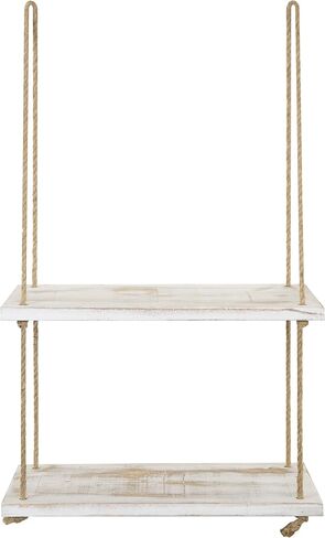 MyGift Shabby Chic Whitewashed Wood 2 Tier Floating Shelves Bathroom Shelf with Hanging Rope, Decorative Swing Display Shelf for Kitchen, Bedroom and Living Room in Saudi Arabia