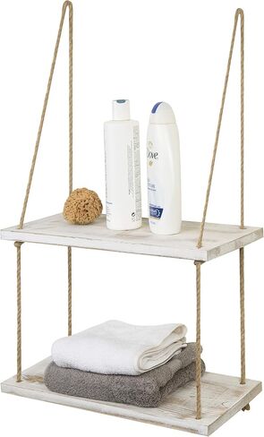 MyGift Shabby Chic Whitewashed Wood 2 Tier Floating Shelves Bathroom Shelf with Hanging Rope, Decorative Swing Display Shelf for Kitchen, Bedroom and Living Room in Saudi Arabia