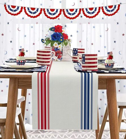 Independence Day Red Blue Stripes 4th of July Cotten Line Patriotic Table Runner 13x36inch Simple Graphics Burlap Table Cloth Runners for Coffee Dinner Holiday Parade Celebrations in Saudi Arabia