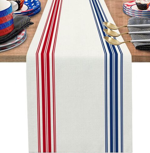 Independence Day Red Blue Stripes 4th of July Cotten Line Patriotic Table Runner 13x36inch Simple Graphics Burlap Table Cloth Runners for Coffee Dinner Holiday Parade Celebrations in Saudi Arabia