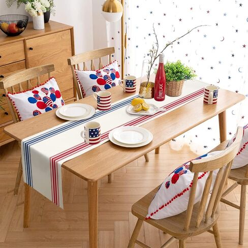 Independence Day Red Blue Stripes 4th of July Cotten Line Patriotic Table Runner 13x36inch Simple Graphics Burlap Table Cloth Runners for Coffee Dinner Holiday Parade Celebrations in Saudi Arabia