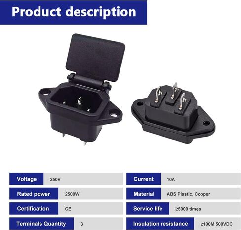 C14 Panel Mount Plug Adapter, AC 250V 10A IEC 320 3Pins Screw Mount Module Power Connector Socket with Cover, with Spade Quick Splice, Wire Caps (35 Pack) in Saudi Arabia