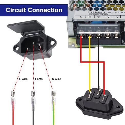 C14 Panel Mount Plug Adapter, AC 250V 10A IEC 320 3Pins Screw Mount Module Power Connector Socket with Cover, with Spade Quick Splice, Wire Caps (35 Pack) in Saudi Arabia