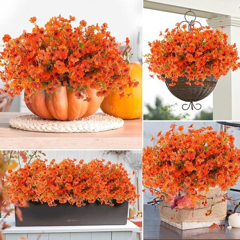 Artificial Mums Fall Flowers Outdoor Plastic Fall Flowers Fake Mums Plant Outside Autumn Flowers Greenery for Porch Window Box Home Decor (18, Green and Orange) in Kuwait