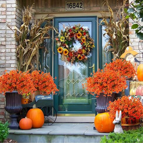Artificial Mums Fall Flowers Outdoor Plastic Fall Flowers Fake Mums Plant Outside Autumn Flowers Greenery for Porch Window Box Home Decor (18, Green and Orange) in Kuwait
