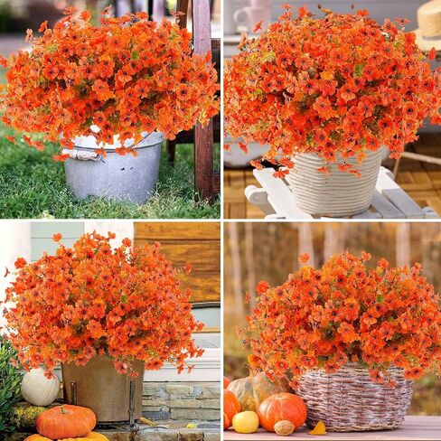 Artificial Mums Fall Flowers Outdoor Plastic Fall Flowers Fake Mums Plant Outside Autumn Flowers Greenery for Porch Window Box Home Decor (18, Green and Orange) in Kuwait