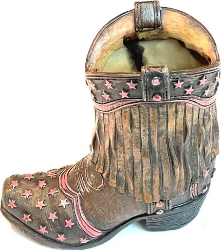 Sureg Western Cowgirl Cowboy Small Boot Figurine For Pen Pencil Toothpick Holder Pink Stars and Turquoise Fringe Design 1 Item (Pink Stars with Brown Fringe) in Saudi Arabia