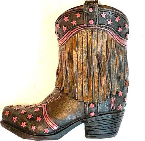 Sureg Western Cowgirl Cowboy Small Boot Figurine For Pen Pencil Toothpick Holder Pink Stars and Turquoise Fringe Design 1 Item (Pink Stars with Brown Fringe) in Saudi Arabia