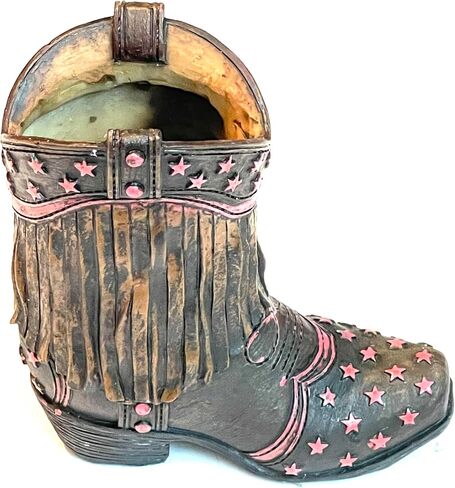 Sureg Western Cowgirl Cowboy Small Boot Figurine For Pen Pencil Toothpick Holder Pink Stars and Turquoise Fringe Design 1 Item (Pink Stars with Brown Fringe) in Saudi Arabia