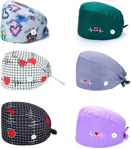6 Pcs Adjustable Bouffant Scrub Caps for Women Men,Working Surgical Cap Nurse Hats with Buttons and Sweatband Tie Back in Saudi Arabia