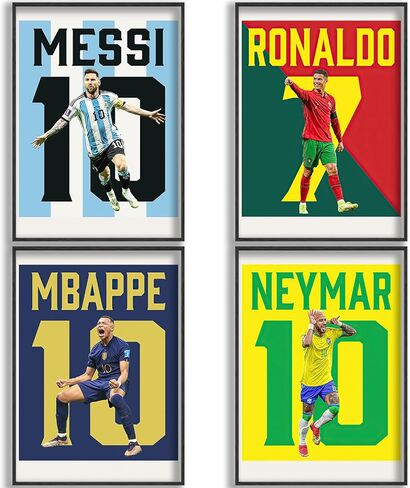 BAOGELI Messi, Ronaldo, Mbappe, Neymar Poster Soccer Canvas Poster Wall Art Print Set of 4 Gifts for Boys Living Room Bedroom Decor Unframed: 8x12inch in Saudi Arabia