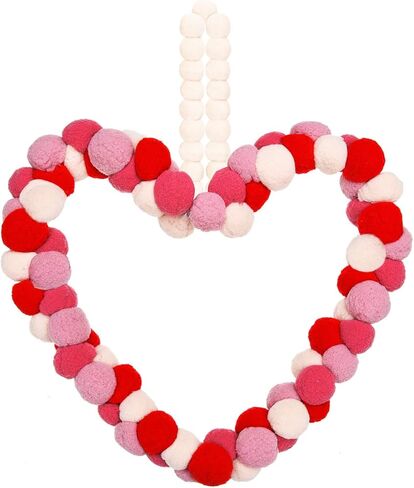 Valentine's Day Wreath Felt Pom Pom Wreath 10 Inch Valentines Day Front Door Decor Colorful Wool Felt Ball Wreath for Front Door Wedding Engagement Wall Windows Decorations (Heart Shape Style) in Saudi Arabia
