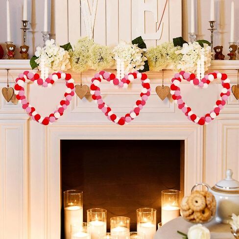 Valentine's Day Wreath Felt Pom Pom Wreath 10 Inch Valentines Day Front Door Decor Colorful Wool Felt Ball Wreath for Front Door Wedding Engagement Wall Windows Decorations (Heart Shape Style) in Saudi Arabia