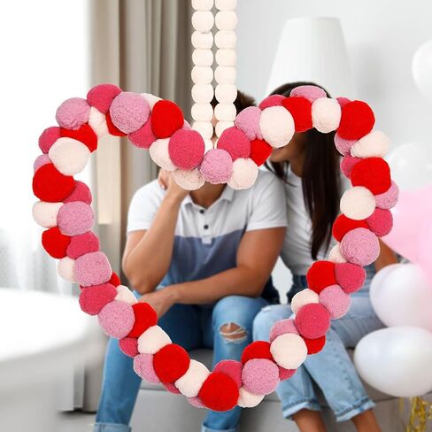 Valentine's Day Wreath Felt Pom Pom Wreath 10 Inch Valentines Day Front Door Decor Colorful Wool Felt Ball Wreath for Front Door Wedding Engagement Wall Windows Decorations (Heart Shape Style) in Saudi Arabia