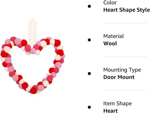 Valentine's Day Wreath Felt Pom Pom Wreath 10 Inch Valentines Day Front Door Decor Colorful Wool Felt Ball Wreath for Front Door Wedding Engagement Wall Windows Decorations (Heart Shape Style) in Saudi Arabia