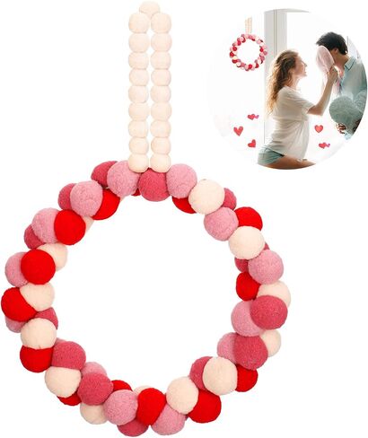 Valentine's Day Wreath Felt Pom Pom Wreath 10 Inch Valentines Day Front Door Decor Colorful Wool Felt Ball Wreath for Front Door Wedding Engagement Wall Windows Decorations (Heart Shape Style) in Saudi Arabia
