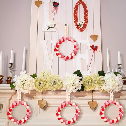 Valentine's Day Wreath Felt Pom Pom Wreath 10 Inch Valentines Day Front Door Decor Colorful Wool Felt Ball Wreath for Front Door Wedding Engagement Wall Windows Decorations (Heart Shape Style) in Saudi Arabia