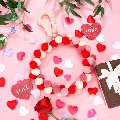 Valentine's Day Wreath Felt Pom Pom Wreath 10 Inch Valentines Day Front Door Decor Colorful Wool Felt Ball Wreath for Front Door Wedding Engagement Wall Windows Decorations (Heart Shape Style) in Saudi Arabia