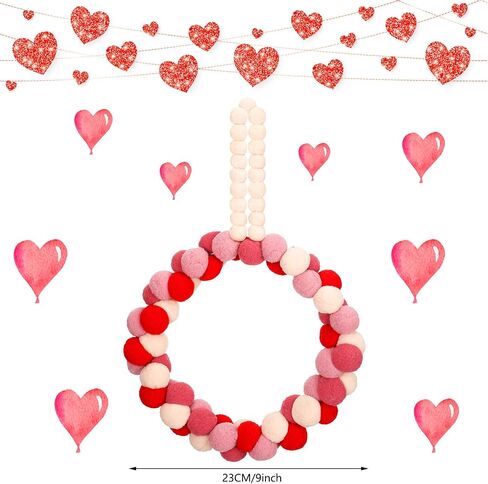 Valentine's Day Wreath Felt Pom Pom Wreath 10 Inch Valentines Day Front Door Decor Colorful Wool Felt Ball Wreath for Front Door Wedding Engagement Wall Windows Decorations (Heart Shape Style) in Saudi Arabia