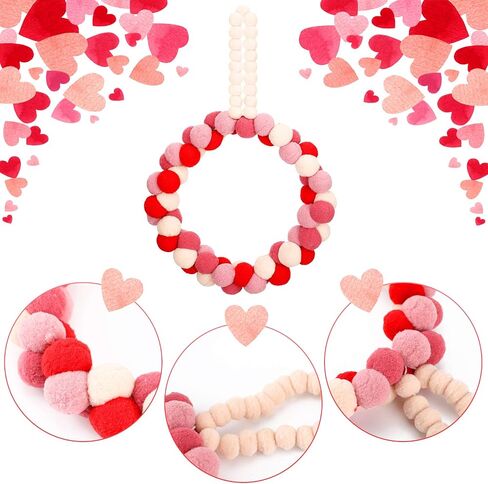 Valentine's Day Wreath Felt Pom Pom Wreath 10 Inch Valentines Day Front Door Decor Colorful Wool Felt Ball Wreath for Front Door Wedding Engagement Wall Windows Decorations (Heart Shape Style) in Saudi Arabia