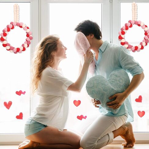 Valentine's Day Wreath Felt Pom Pom Wreath 10 Inch Valentines Day Front Door Decor Colorful Wool Felt Ball Wreath for Front Door Wedding Engagement Wall Windows Decorations (Heart Shape Style) in Saudi Arabia