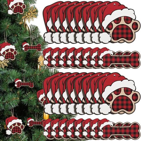 36 Pcs Dog Paw Christmas Ornament Pet Paw Wooden Dog Bone Paw Print Cutout Dog Hanging Wood Dog Decoration Buffalo Plaid Cutout Jute Christmas Tree Gift in Kuwait