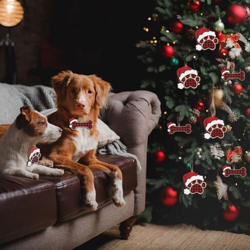 36 Pcs Dog Paw Christmas Ornament Pet Paw Wooden Dog Bone Paw Print Cutout Dog Hanging Wood Dog Decoration Buffalo Plaid Cutout Jute Christmas Tree Gift in Kuwait