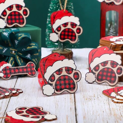 36 Pcs Dog Paw Christmas Ornament Pet Paw Wooden Dog Bone Paw Print Cutout Dog Hanging Wood Dog Decoration Buffalo Plaid Cutout Jute Christmas Tree Gift in Kuwait