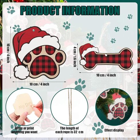 36 Pcs Dog Paw Christmas Ornament Pet Paw Wooden Dog Bone Paw Print Cutout Dog Hanging Wood Dog Decoration Buffalo Plaid Cutout Jute Christmas Tree Gift in Kuwait