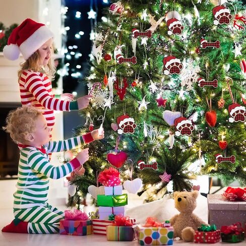 36 Pcs Dog Paw Christmas Ornament Pet Paw Wooden Dog Bone Paw Print Cutout Dog Hanging Wood Dog Decoration Buffalo Plaid Cutout Jute Christmas Tree Gift in Kuwait