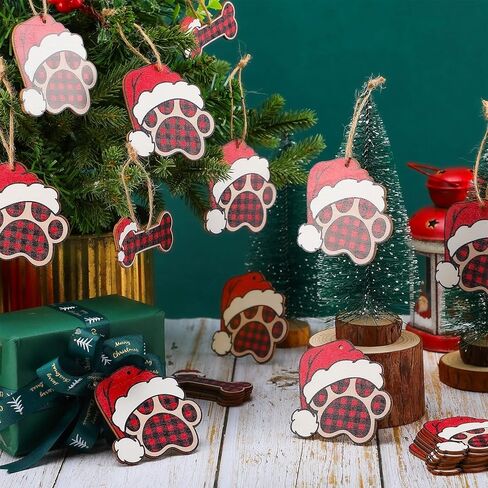 36 Pcs Dog Paw Christmas Ornament Pet Paw Wooden Dog Bone Paw Print Cutout Dog Hanging Wood Dog Decoration Buffalo Plaid Cutout Jute Christmas Tree Gift in Kuwait