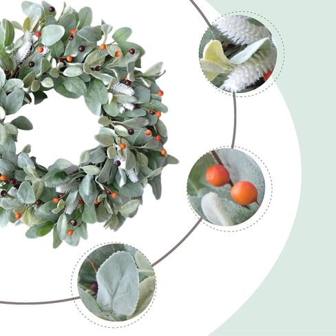 20 بوصة أذن خروف أخضر يترك إكليلًا مع التوت البرتقالي اللطيف للباب الأمامي، على مدار السنة وإكليل أوراق الخريف للداخلية والخارجية in Kuwait