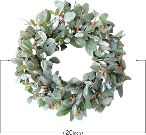 20 بوصة أذن خروف أخضر يترك إكليلًا مع التوت البرتقالي اللطيف للباب الأمامي، على مدار السنة وإكليل أوراق الخريف للداخلية والخارجية in Kuwait